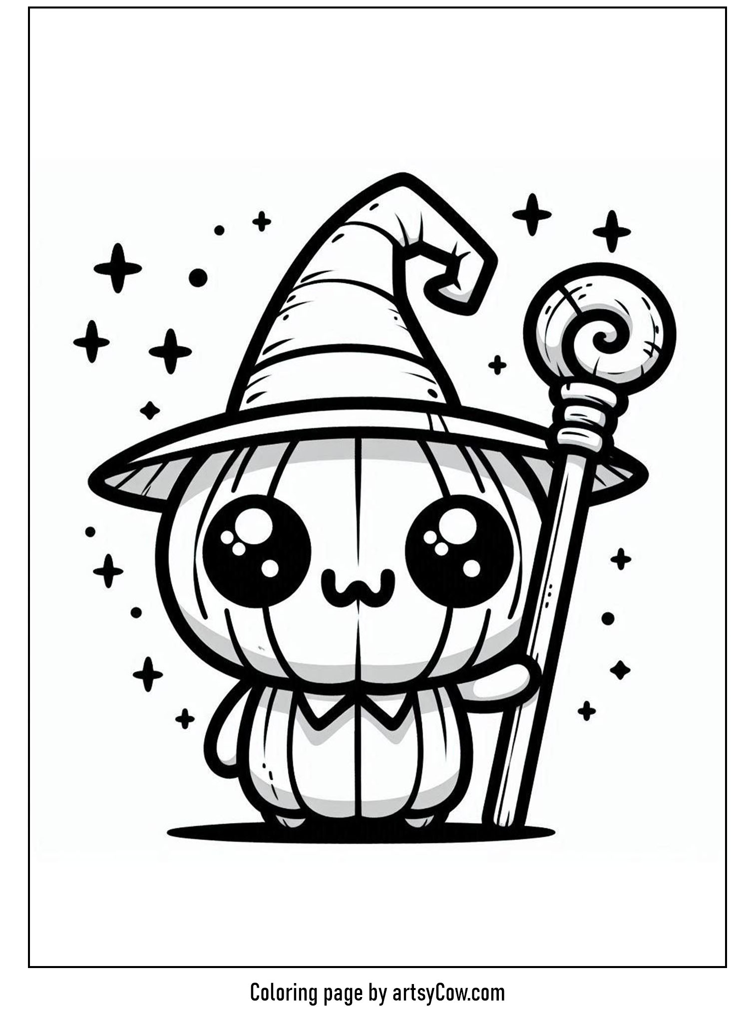halloween coloring pages with jack-o-lantern, a cute pumpkin character wearing a wizard's hat and holding a staff decorated with a spiral at the top.